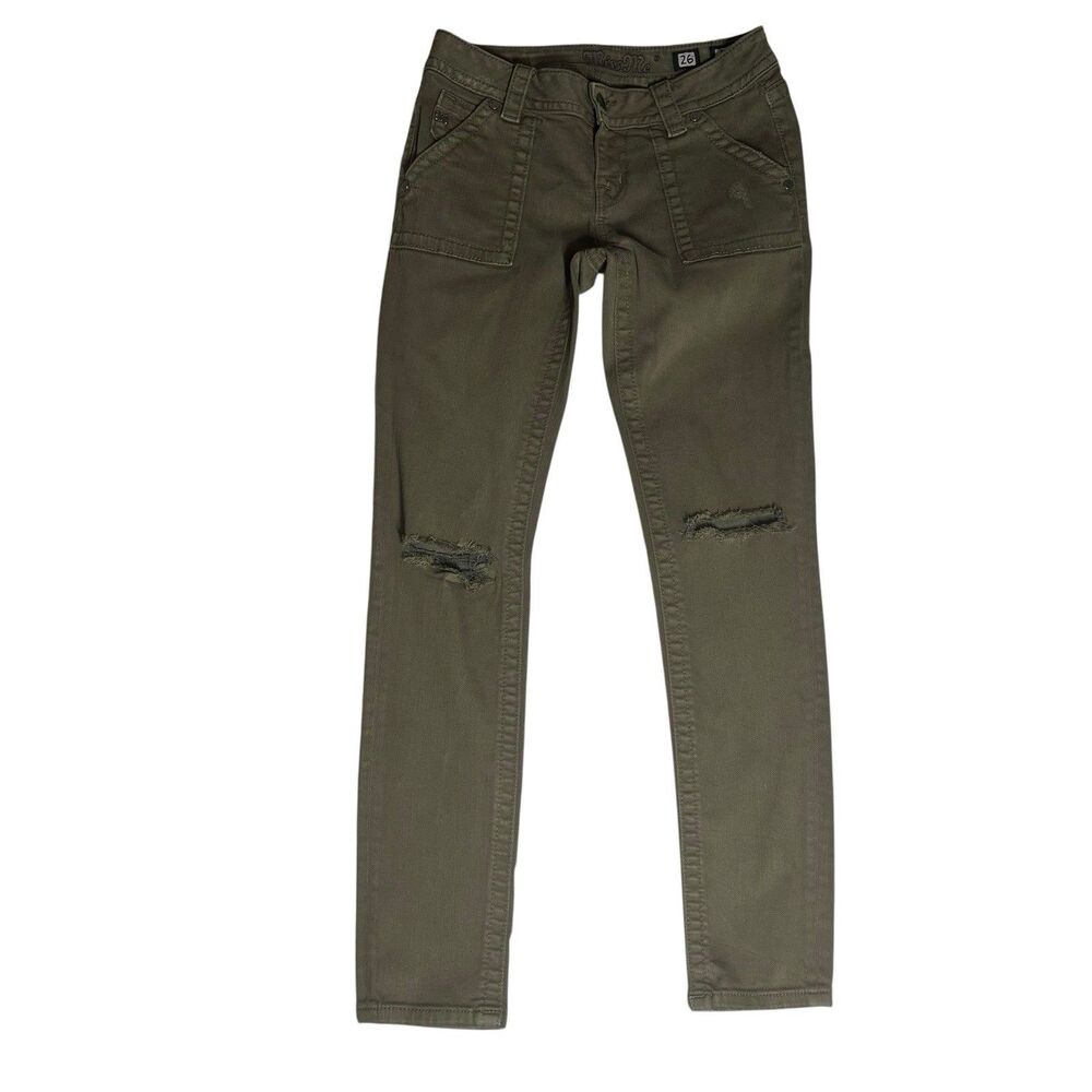 Miss Me Olive Green Mid Rise Skinny Distressed Ripped Jeans 26 Grunge Gorpcore